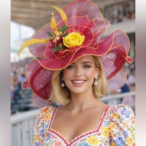 Kentucky Derby Hat Ky Oaks Organza Feather Pink Polka Dot and Yellow Floral Hat